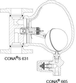 Fig. 7-9: Float trap with a start-up drain valve, ARI Type CONA®S 631 with CONA® 665